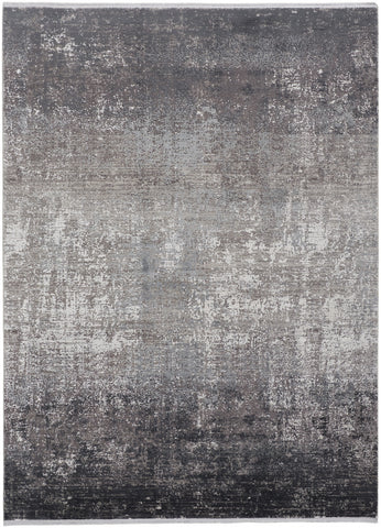 2' X 3' Gray and Black Abstract Power Loom Distressed Area Rug With Fringe
