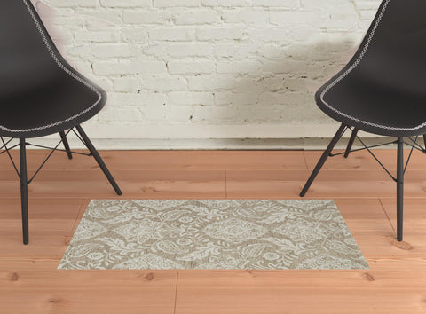 2' X 3' Tan And Ivory Wool Paisley Tufted Handmade Stain Resistant Area Rug