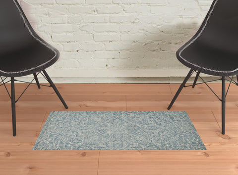 2' X 3' Green Blue And Ivory Wool Oriental Hand Tufted Area Rug
