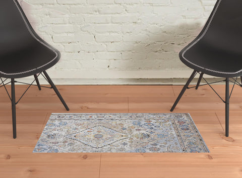 2' X 3' Taupe Blue And Gray Floral Stain Resistant Area Rug