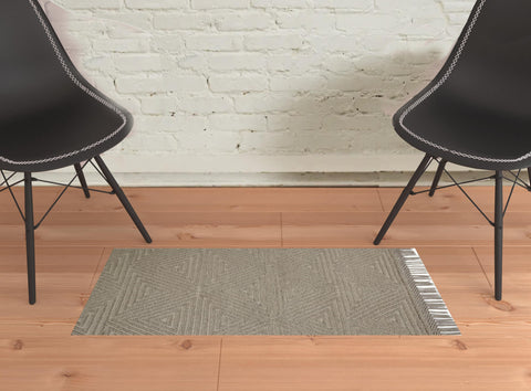 2' X 3' Tan And Ivory Wool Geometric Hand Woven Area Rug With Fringe