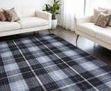8' X 10' Black Blue And White Abstract Hand Woven Stain Resistant Area Rug