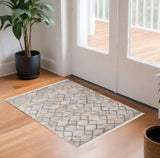 2' X 3' Gray Ivory And Tan Geometric Hand Woven Stain Resistant Area Rug With Fringe