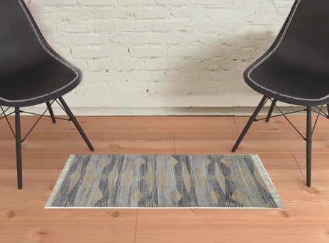 2' X 3' Gray Black And Brown Abstract Hand Woven Area Rug With Fringe