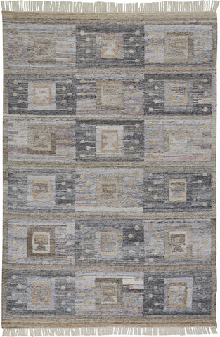 5' X 8' Gray Black And Brown Geometric Hand Woven Area Rug With Fringe