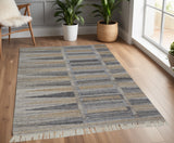 4' X 6' Gray Black And Brown Geometric Hand Woven Area Rug With Fringe
