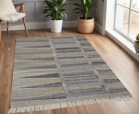 4' X 6' Gray Black And Brown Geometric Hand Woven Area Rug With Fringe
