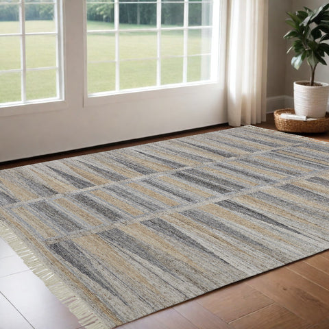 2' X 3' Gray Black And Brown Geometric Hand Woven Area Rug With Fringe