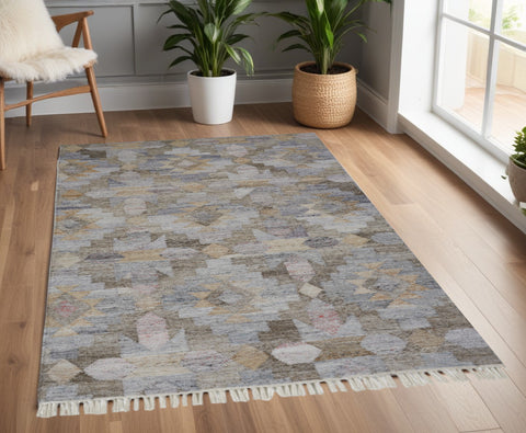 4' X 6' Gray and Blue Geometric Hand Woven Area Rug With Fringe