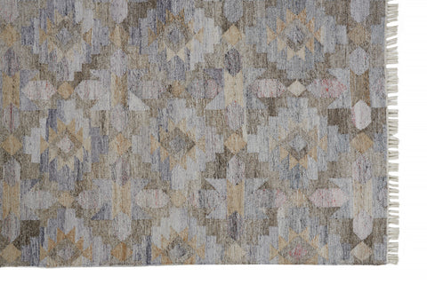 4' X 6' Gray and Blue Geometric Hand Woven Area Rug With Fringe