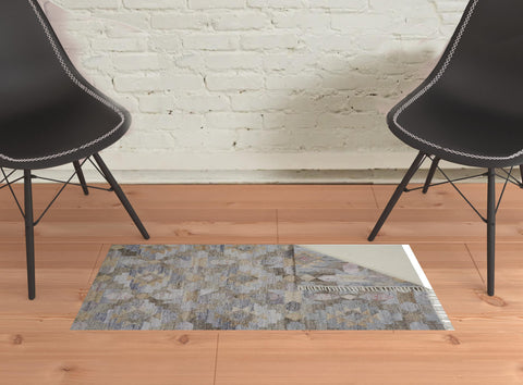 2' X 3' Gray Black And Brown Geometric Hand Woven Area Rug With Fringe