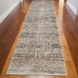 10' Taupe Ivory And Gray Abstract Distressed Runner Rug With Fringe