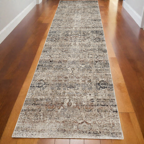 10' Taupe Ivory And Gray Abstract Distressed Runner Rug With Fringe