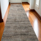 10' Ivory Gray And Black Abstract Distressed Runner Rug With Fringe