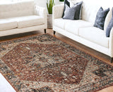 5' X 8' Red Ivory And Black Abstract Distressed Area Rug With Fringe