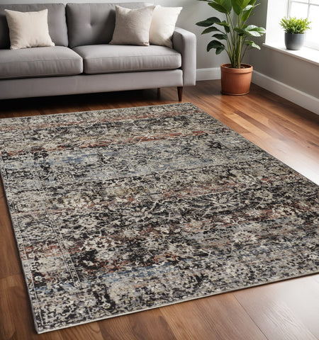 5' X 8' Gray Black And Red Oriental Distressed Area Rug With Fringe