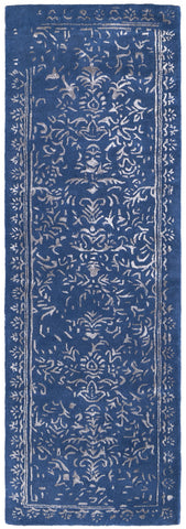 8' Blue and Silver Wool Floral Hand Tufted Distressed Runner Rug