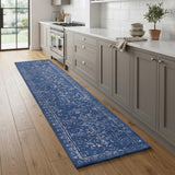 8' Blue and Silver Wool Floral Hand Tufted Distressed Runner Rug