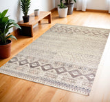 4' X 6' Gray Ivory And Pink Geometric Hand Knotted Area Rug