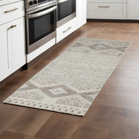 10' Gray and Ivory Geometric Hand Knotted Runner Rug With Fringe