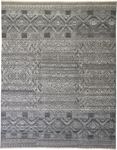 4' X 6' Gray and Ivory Geometric Hand Knotted Area Rug
