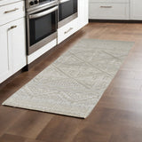 10' Gray and Ivory Geometric Hand Knotted Runner Rug With Fringe