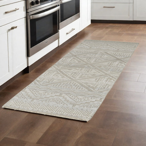 10' Gray and Ivory Geometric Hand Knotted Runner Rug With Fringe