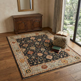 4' X 6' Black And Gold Wool Oriental Hand Knotted Area Rug With Fringe