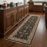8' Black and Gold Oriental Hand Knotted Runner Rug With Fringe