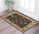 2' X 3' Black And Gold Wool Oriental Hand Knotted Area Rug With Fringe