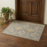 2' X 3' Blue and Gold Wool Floral Hand Knotted Area Rug With Fringe