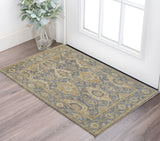 2' X 3' Blue and Gold Wool Floral Hand Knotted Area Rug With Fringe