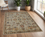 4' X 6' Gray And Ivory Wool Oriental Hand Knotted Area Rug With Fringe