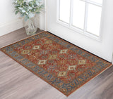 2' X 3' Blue and Red Wool Floral Hand Knotted Area Rug With Fringe