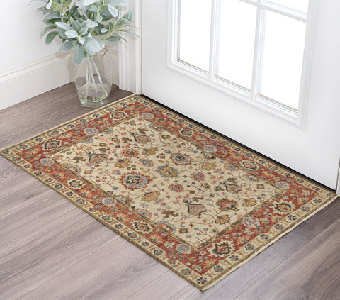2' X 3' Red and Ivory Wool Floral Hand Knotted Area Rug