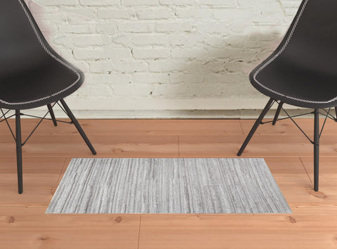 2' X 3' Ivory And Gray Striped Shag Hand Woven Area Rug
