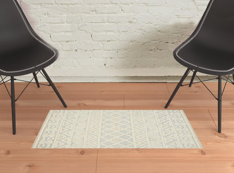 2' X 3' Ivory Blue And Tan Wool Geometric Tufted Handmade Stain Resistant Area Rug
