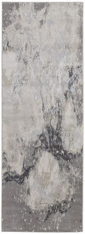 8' Ivory Black And Gray Abstract Runner Rug