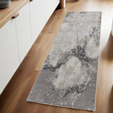8' Ivory Black And Gray Abstract Runner Rug