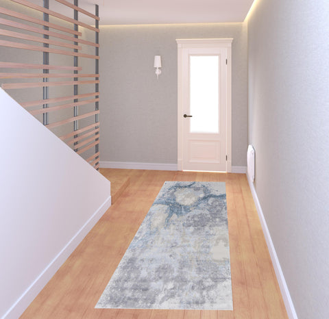 8' Ivory Blue And Gray Abstract Runner Rug