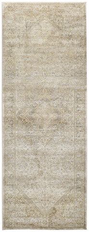 8' Gold And Ivory Floral Medallion Runner Rug