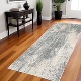 8' Ivory Gray And Blue Abstract Runner Rug