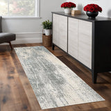 8' Ivory Gray And Blue Abstract Runner Rug