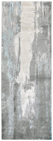8' Gray Ivory And Blue Abstract Runner Rug