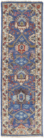 8' Blue and Beige Wool Floral Hand Knotted Runner Rug With Fringe