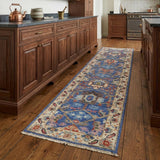 8' Blue and Beige Wool Floral Hand Knotted Runner Rug With Fringe