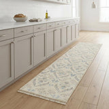 8' Gray and Ivory Wool Floral Hand Knotted Runner Rug With Fringe