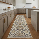 8' Gray and Ivory Wool Floral Hand Knotted Runner Rug With Fringe