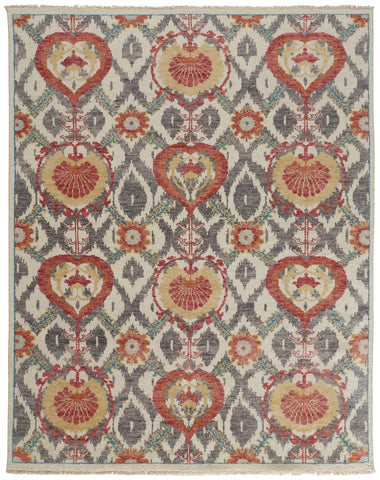 2' X 3' Orange and Ivory Wool Floral Hand Knotted Area Rug