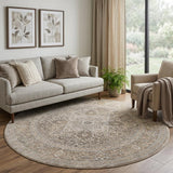 8' Brown and Ivory Round Medallion Power Loom Distressed Area Rug